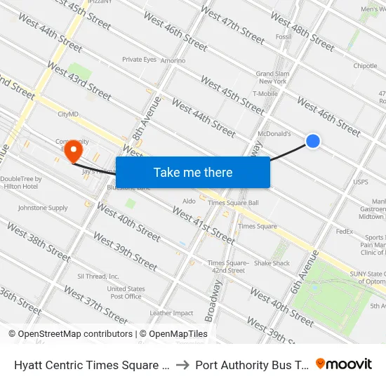 Hyatt Centric Times Square New York to Port Authority Bus Terminal map