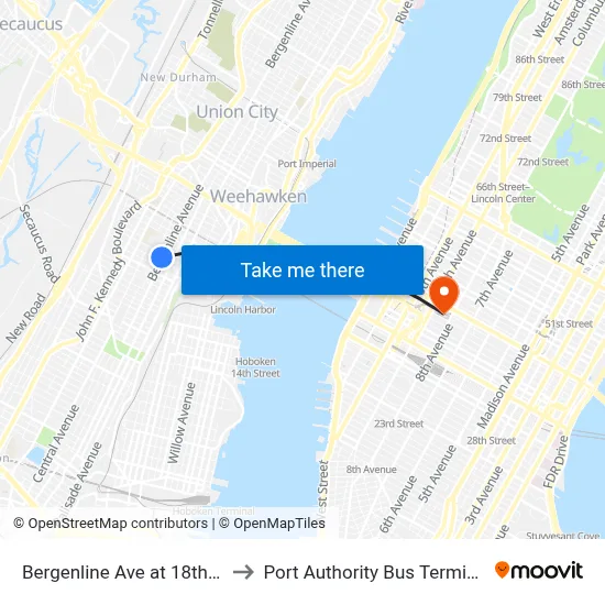 Bergenline Ave at 18th St to Port Authority Bus Terminal map