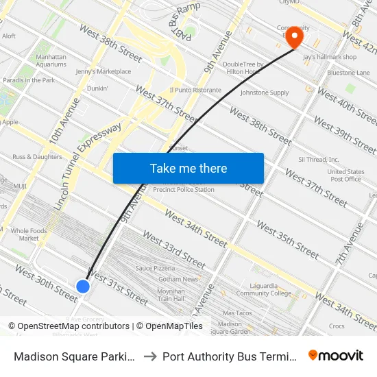 Madison Square Parking to Port Authority Bus Terminal map