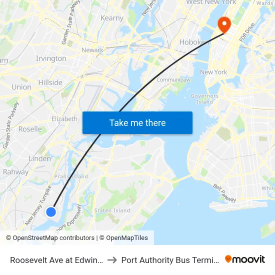 Roosevelt Ave at Edwin St to Port Authority Bus Terminal map