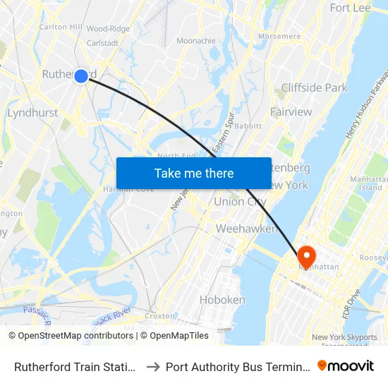 Rutherford Train Station to Port Authority Bus Terminal map