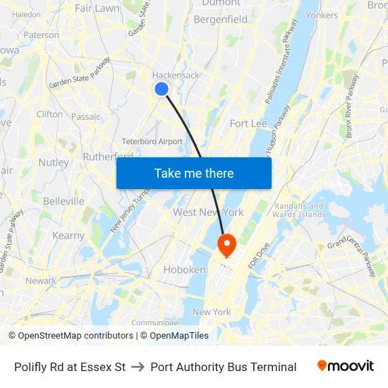 Polifly Rd at Essex St to Port Authority Bus Terminal map