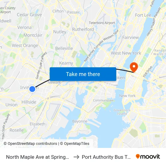 North Maple Ave at Springfield Ave to Port Authority Bus Terminal map