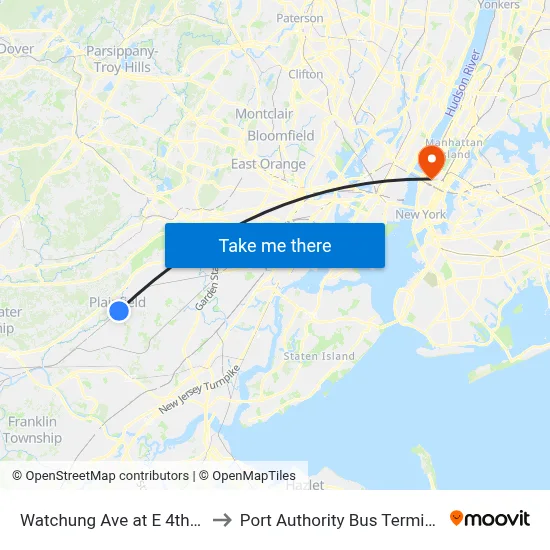 Watchung Ave at E 4th St to Port Authority Bus Terminal map