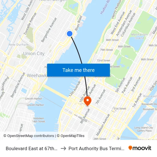 Boulevard East at 67th St to Port Authority Bus Terminal map
