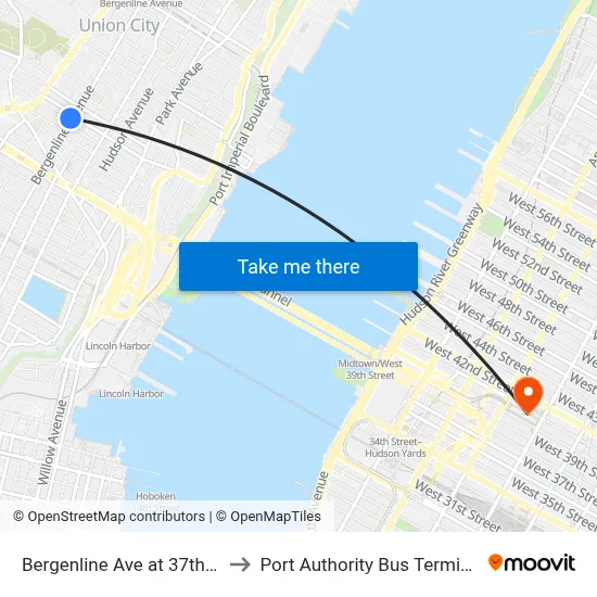 Bergenline Ave at 37th St to Port Authority Bus Terminal map