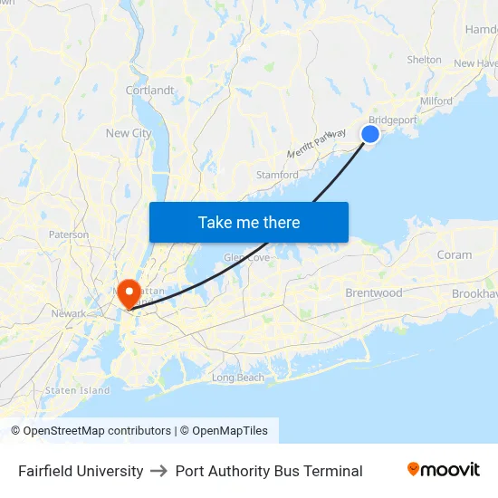 Fairfield University to Port Authority Bus Terminal map