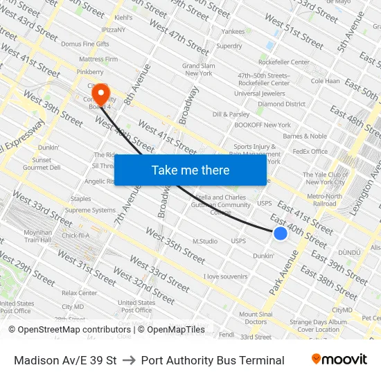 Madison Av/E 39 St to Port Authority Bus Terminal map