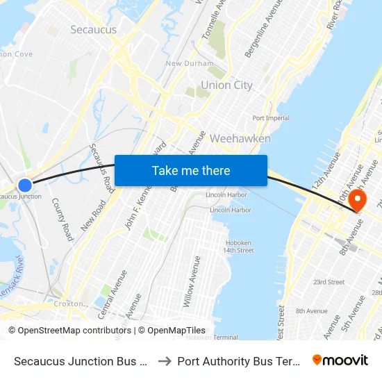Secaucus Junction Bus Plaza to Port Authority Bus Terminal map