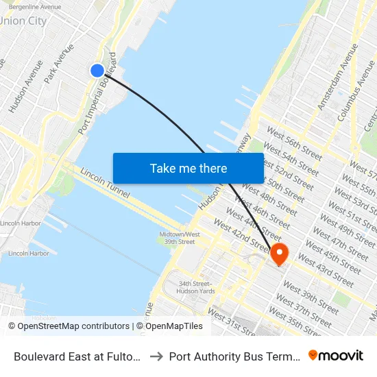 Boulevard East at Fulton St to Port Authority Bus Terminal map