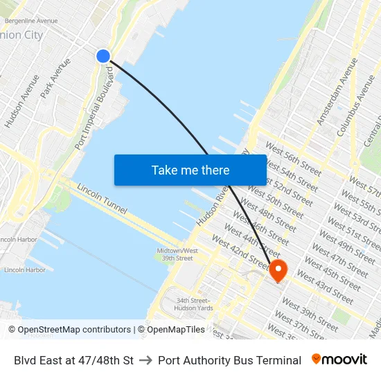 Blvd East at 47/48th St to Port Authority Bus Terminal map