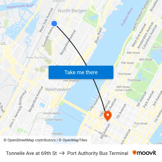 Tonnelle Ave at 69th St to Port Authority Bus Terminal map