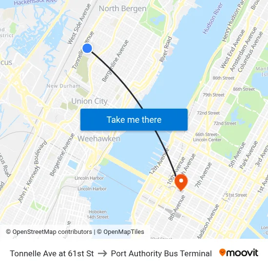 Tonnelle Ave at 61st St to Port Authority Bus Terminal map