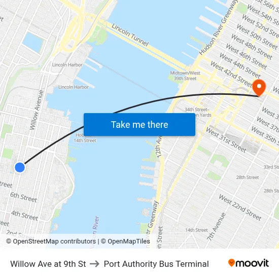 Willow Ave at 9th St to Port Authority Bus Terminal map