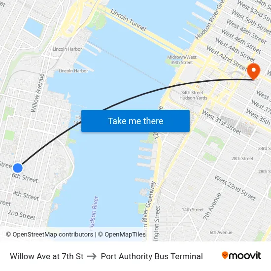 Willow Ave at 7th St to Port Authority Bus Terminal map