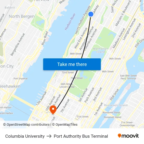 Columbia University to Port Authority Bus Terminal map