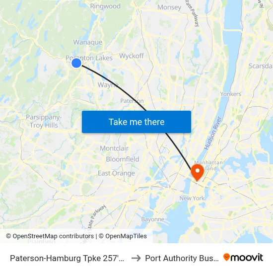 Paterson-Hamburg Tpke 257'E of Union Ave to Port Authority Bus Terminal map