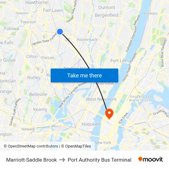 Marriott-Saddle Brook to Port Authority Bus Terminal map