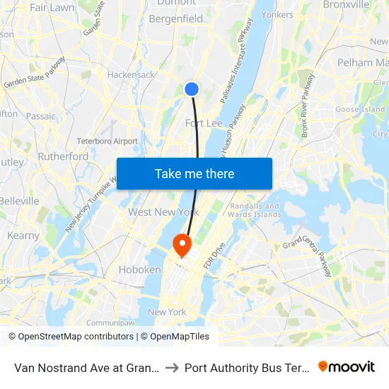 Van Nostrand Ave at Grand Ave to Port Authority Bus Terminal map