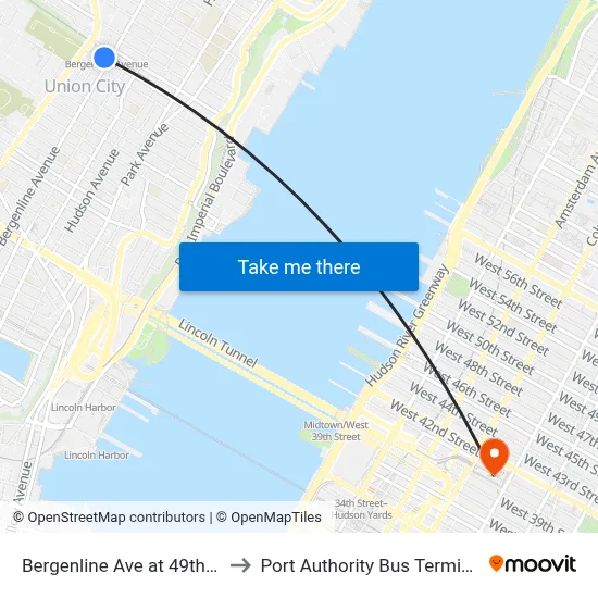 Bergenline Ave at 49th St to Port Authority Bus Terminal map