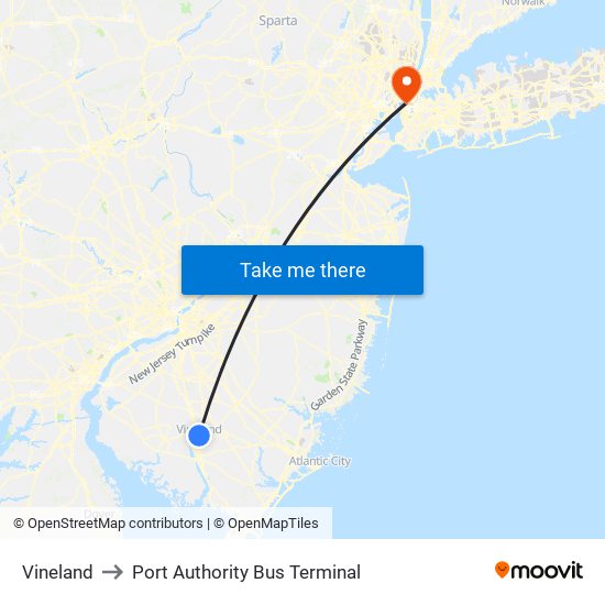 Vineland to Port Authority Bus Terminal map