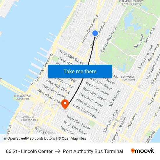 66 St - Lincoln Center to Port Authority Bus Terminal map