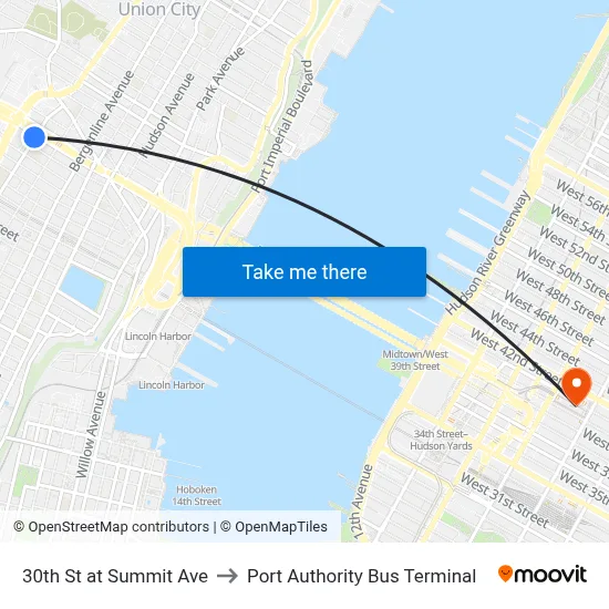 30th St at Summit Ave to Port Authority Bus Terminal map