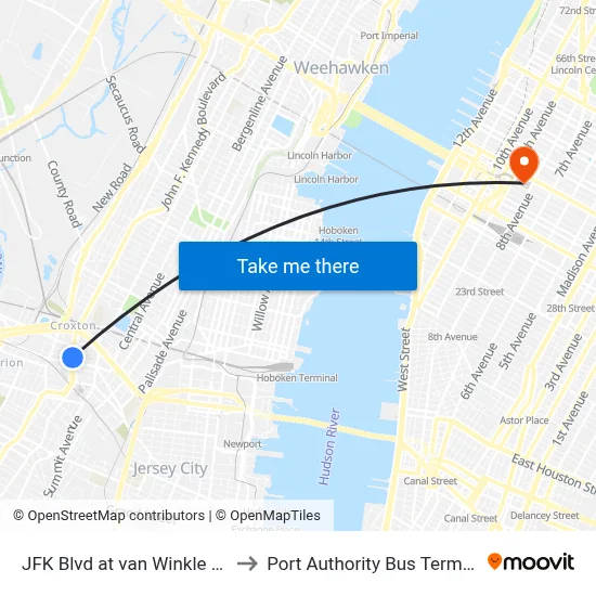 JFK Blvd at van Winkle Ave to Port Authority Bus Terminal map
