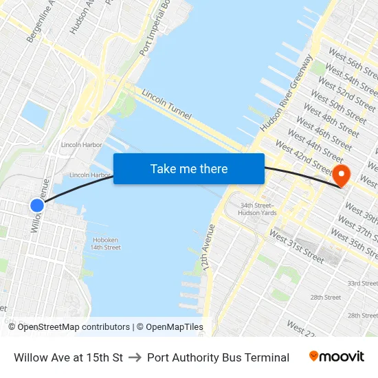 Willow Ave at 15th St to Port Authority Bus Terminal map