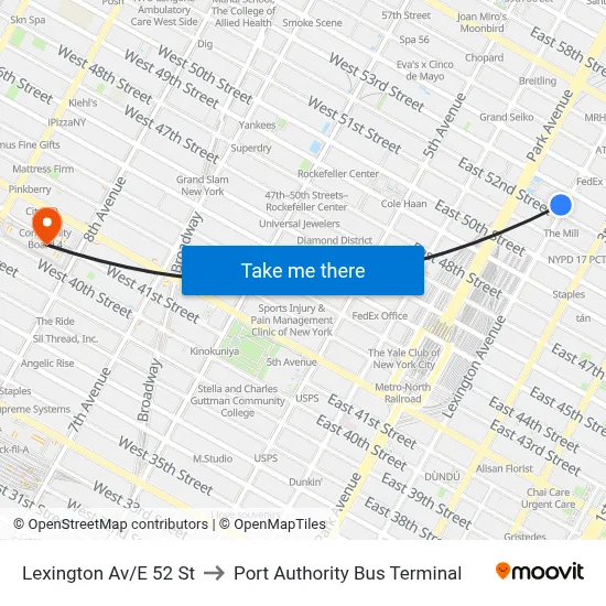 Lexington Av/E 52 St to Port Authority Bus Terminal map