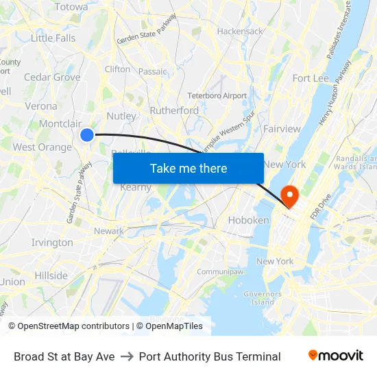 Broad St at Bay Ave to Port Authority Bus Terminal map
