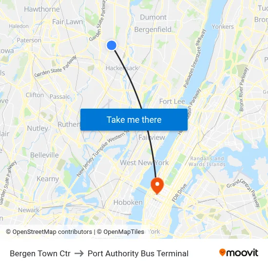 Bergen Town Ctr, Paramus, NJ 07652 to Port Authority Bus Terminal map