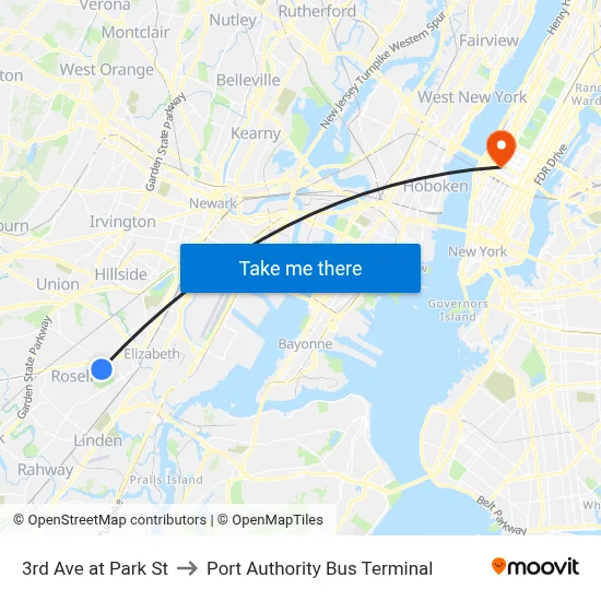 3rd Ave at Park St to Port Authority Bus Terminal map