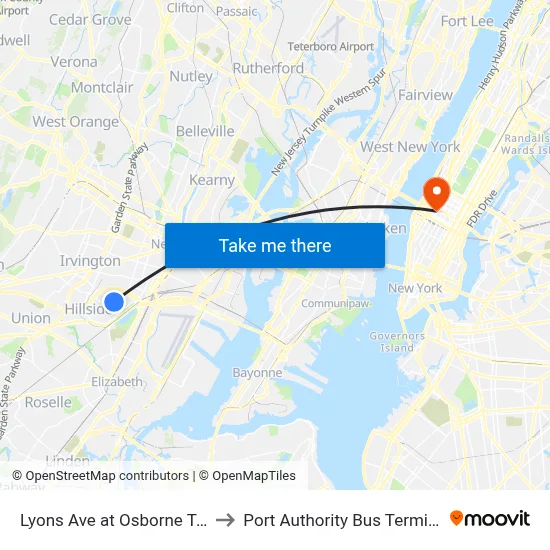 Lyons Ave at Osborne Terr to Port Authority Bus Terminal map