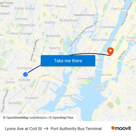 Lyons Ave at Coit St to Port Authority Bus Terminal map