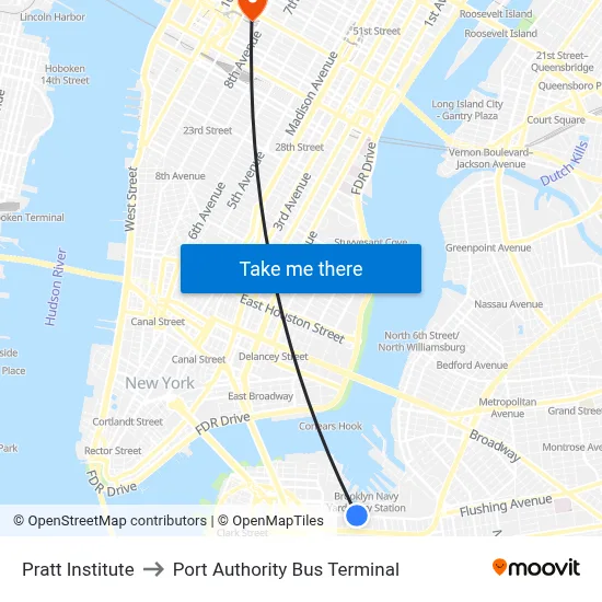 Pratt Institute to Port Authority Bus Terminal map