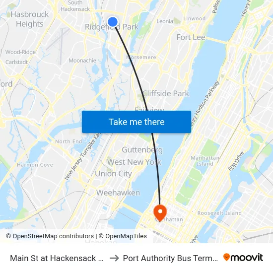 Main St at Hackensack Ave to Port Authority Bus Terminal map