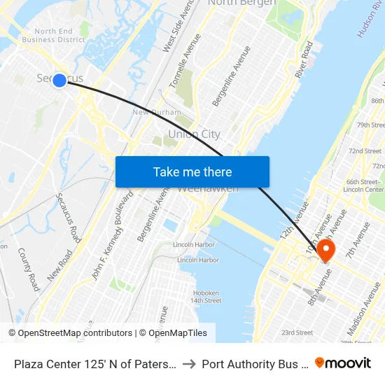 Plaza Center 125' N of Paterson Plank Rd. to Port Authority Bus Terminal map
