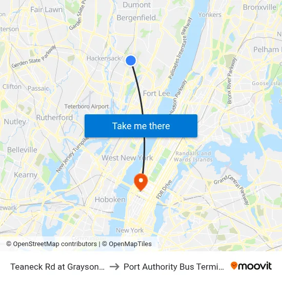 Teaneck Rd at Grayson Pl to Port Authority Bus Terminal map