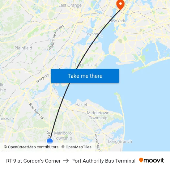 RT-9 at Gordon's Corner to Port Authority Bus Terminal map