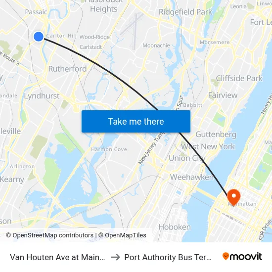 Van Houten Ave at Main Ave to Port Authority Bus Terminal map