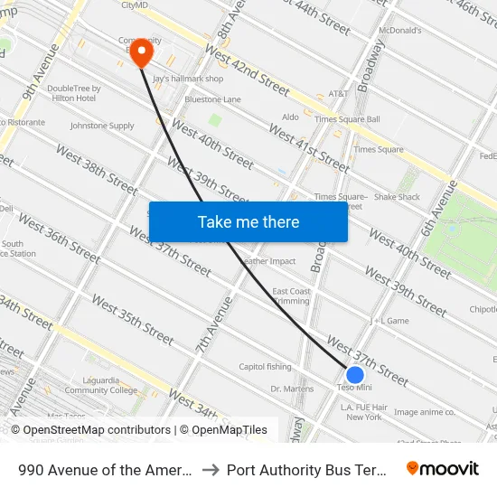 990 Avenue of the Americas to Port Authority Bus Terminal map