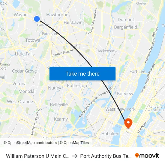 William Paterson U Main Campus to Port Authority Bus Terminal map