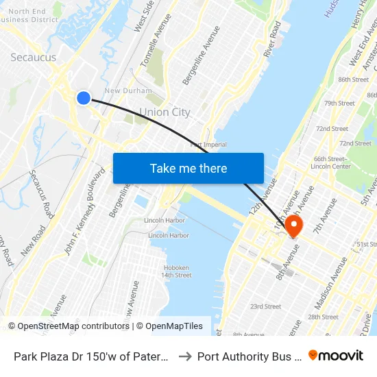 Park Plaza Dr 150'w of Paterson Plank Rd to Port Authority Bus Terminal map