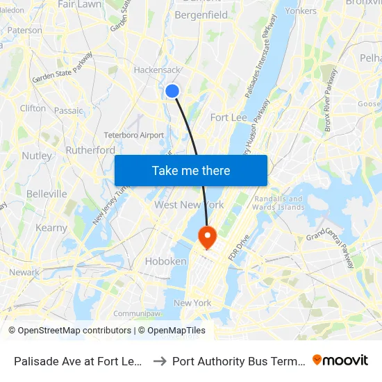 Palisade Ave at Fort Lee Rd to Port Authority Bus Terminal map