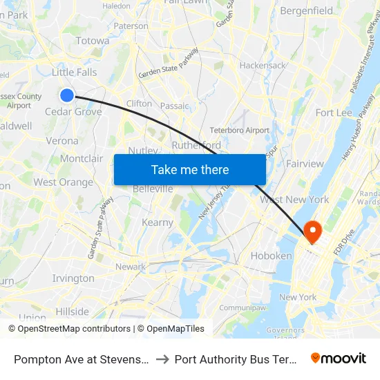 Pompton Ave at Stevens Ave to Port Authority Bus Terminal map