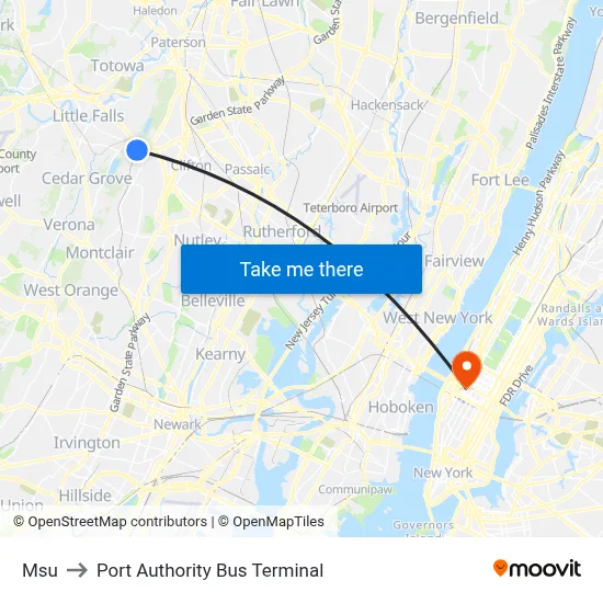 Msu to Port Authority Bus Terminal map