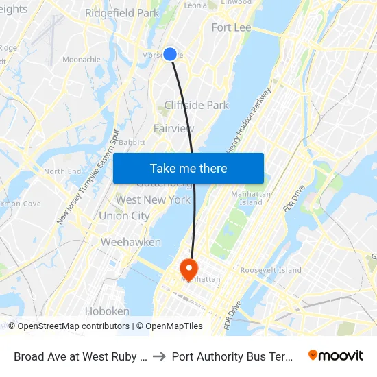 Broad Ave at West Ruby Ave to Port Authority Bus Terminal map