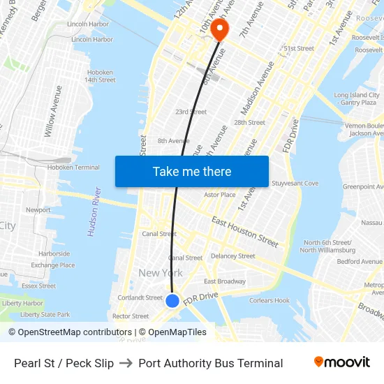 Pearl St / Peck Slip to Port Authority Bus Terminal map