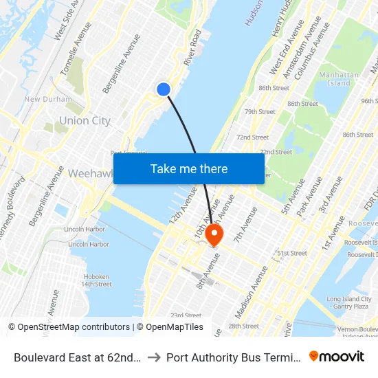 Boulevard East at 62nd St to Port Authority Bus Terminal map